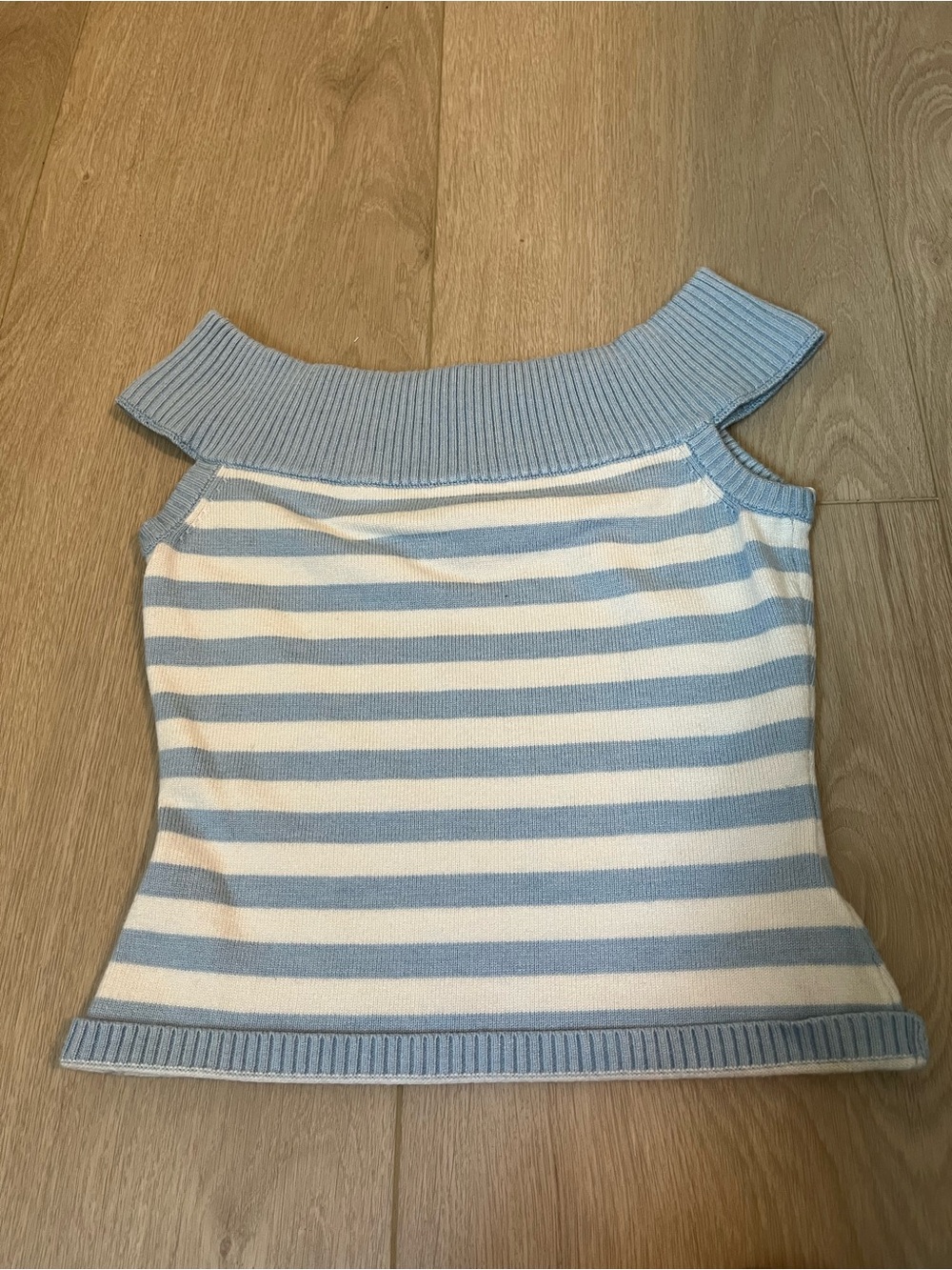 Edikted Blue & White Striped Off-Shoulder Knit Top